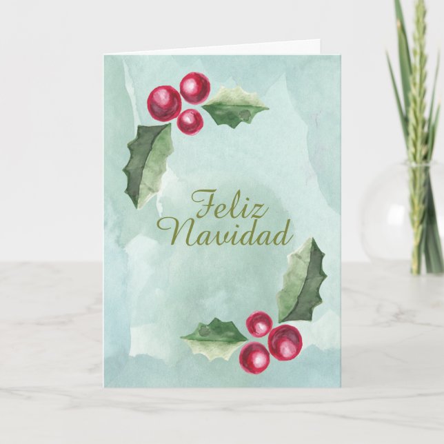 Feliz Navidad Christmas Holly Berry Watercolor Holiday Card (Front)