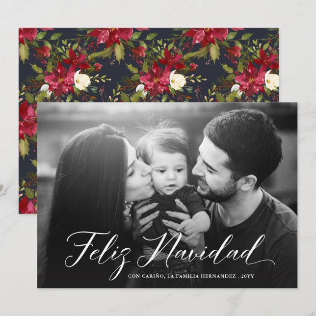 Feliz Navidad | Christmas Poinsettias | Photo Holiday Card (Front/Back)