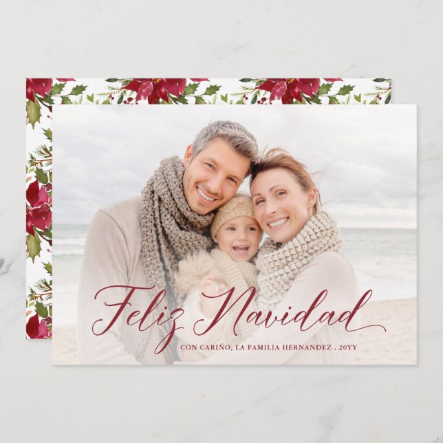 Feliz Navidad  | Christmas Poinsettias Photo Holiday Card (Front/Back)