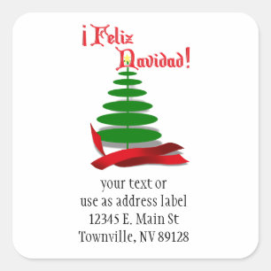 Feliz Navidad - Christmas Tree with Red Ribbon Square Sticker
