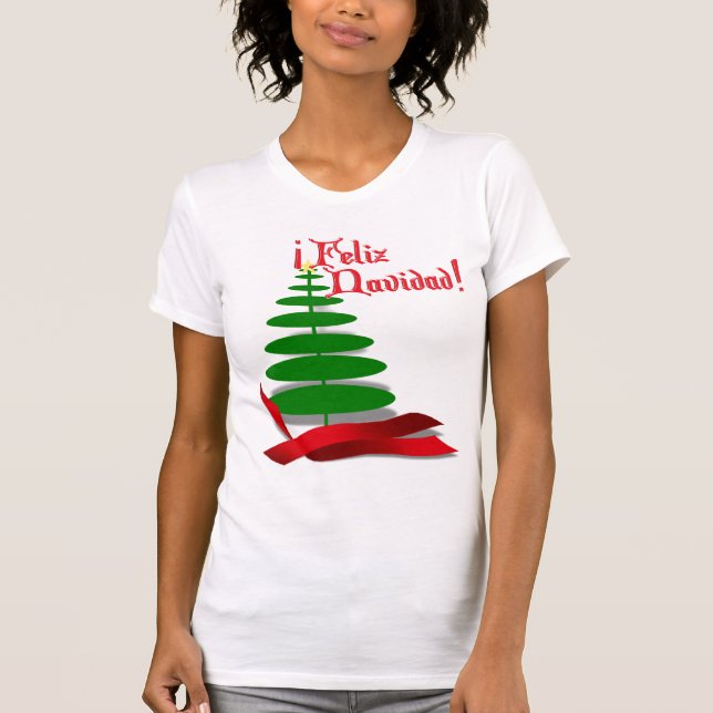 Feliz Navidad - Christmas Tree with Red Ribbon T-Shirt (Front)