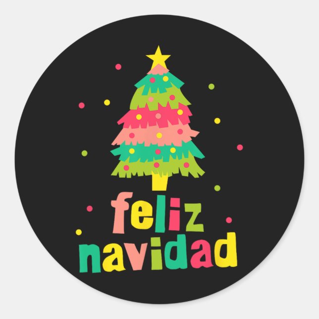 Feliz Navidad Colourful Xmas Tree Spanish Christma Classic Round Sticker (Front)