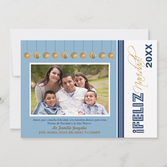 Feliz Navidad Custom Family Holiday Card (blue) (Front)