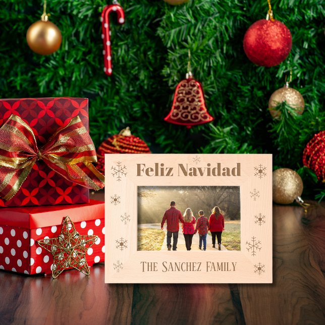 Feliz Navidad, Custom Family Name with Snowflakes Etched Frames (Wooden photo Frame Spanish Christmas, Custom family name, Christian message.)