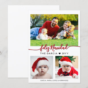 Feliz Navidad Custom Three Family Photo Holiday Card