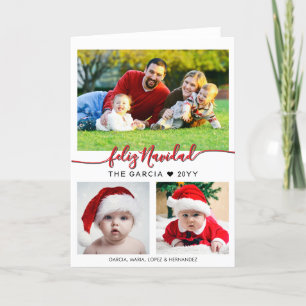Feliz Navidad Custom Three Family Photo Holiday Card