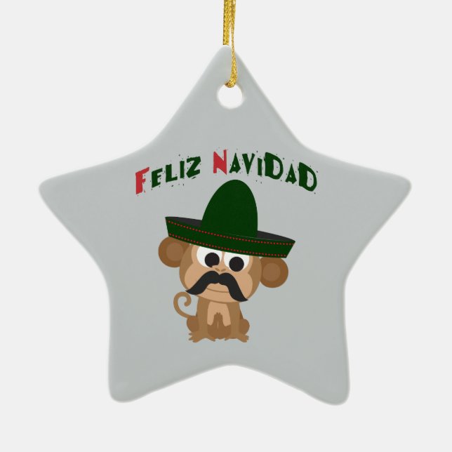 Feliz Navidad! Cute monkey Ceramic Ornament (Back)