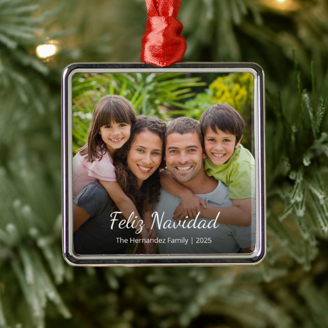Feliz Navidad Family Photo Spanish Christmas Photo Metal Ornament (Tree)
