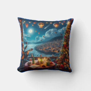 Feliz Navidad Festive Guitar Player Coastal Town Cushion