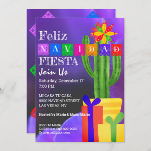 Feliz Navidad Fiesta Green Cactus On Purple Invitation