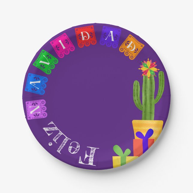 Feliz Navidad Fiesta Green Cactus On Purple Paper Plate (Front)