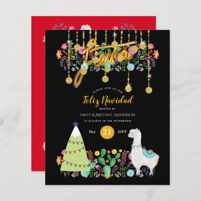 Feliz Navidad Fiesta Invitation Folk Flower BUDGET (Front/Back)