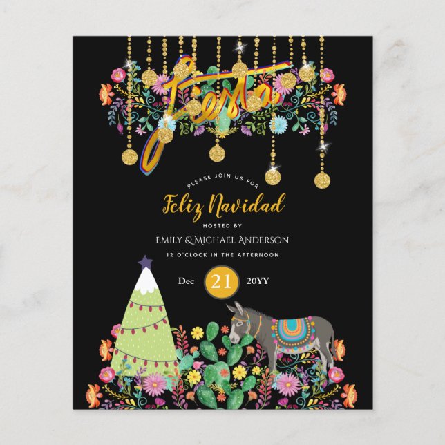 Feliz Navidad Fiesta Invitation Folk Flowers Burro (Front)