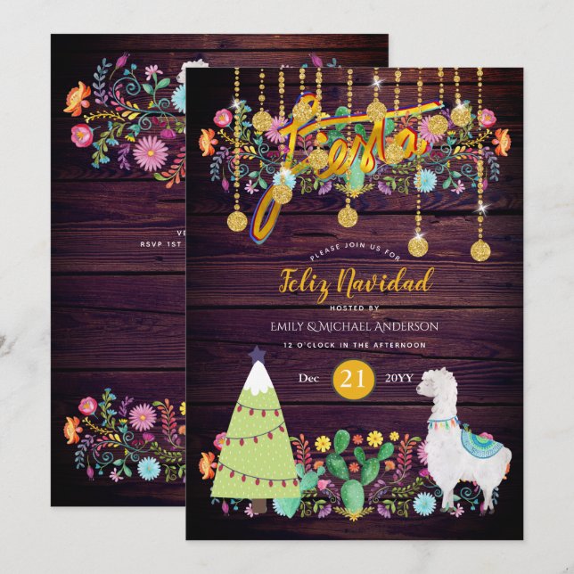Feliz Navidad Fiesta Invitation Folk Flowers Llama (Front/Back)
