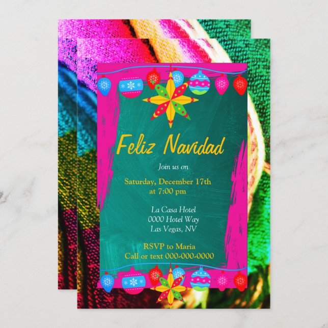 Feliz Navidad Fiesta On Pink & Green Sarape Invitation (Front/Back)
