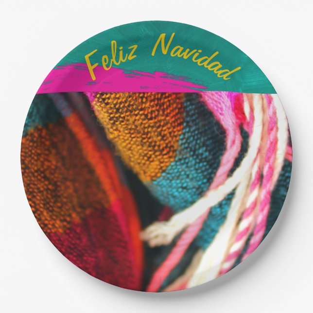 Feliz Navidad Fiesta On Pink & Green Sarape Paper Plate (Front)