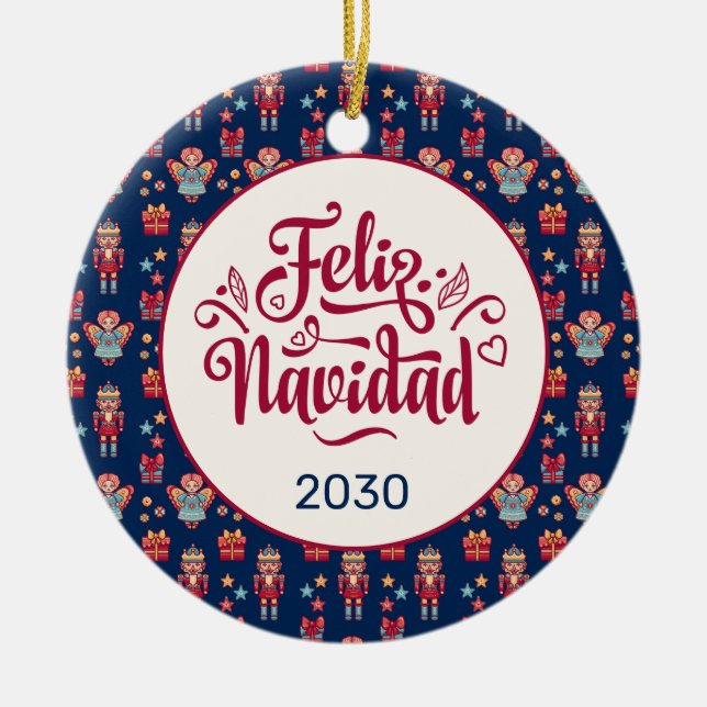 Feliz Navidad Folk Angel Nutcracker Blue Custom Ceramic Ornament (Front)