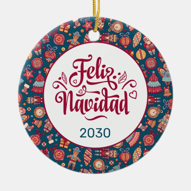 Feliz Navidad Folk Art Blue Custom Ceramic Ornament (Front)