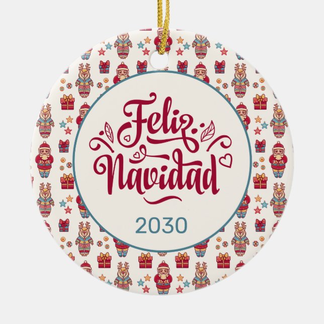 Feliz Navidad Folk Santa Reindeer Cream Custom Ceramic Ornament (Front)