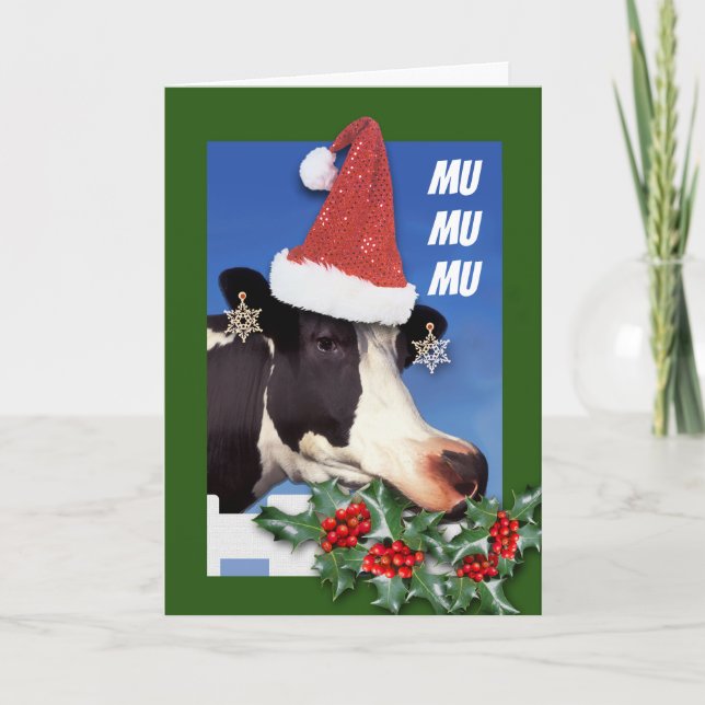 Feliz Navidad Funny Cow Eating Boughs of Holly  Holiday Card (Front)