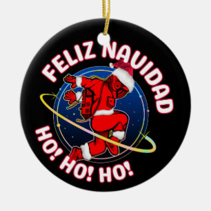 FELIZ NAVIDAD FUNNY SANTA ASTRONAUT CERAMIC ORNAMENT