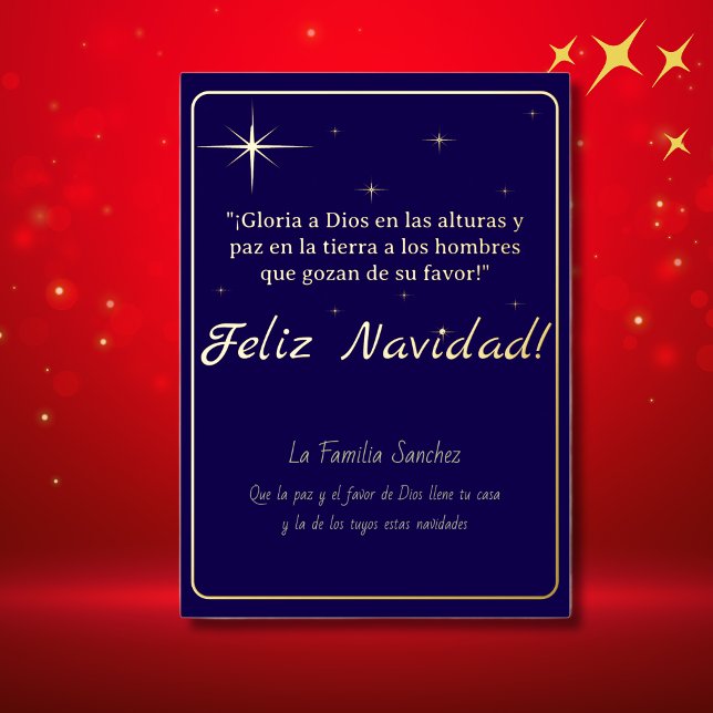 Feliz Navidad Golden & Blue Luke 2:14 Verse Foil Holiday Card (Spanish Foil Christmas card Blue, Luke 2:14 Bible verse, customizable family name Spanish text.)