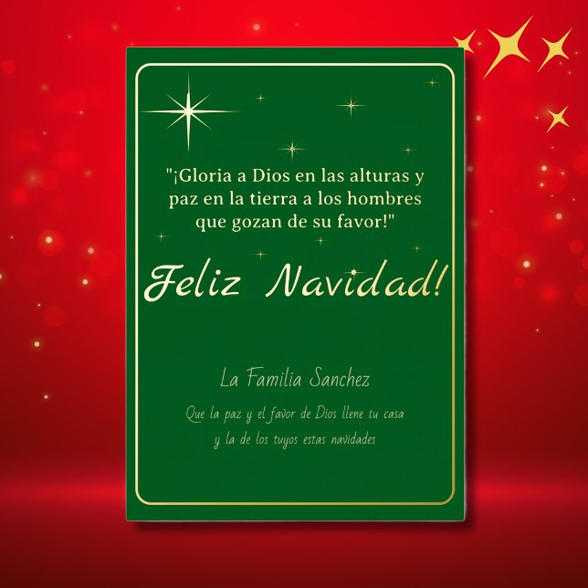 Feliz Navidad Golden & Green Luke 2:14 Verse Foil Holiday Card (Spanish Foil Christmas card Green, Spanish Luke 2:14 bible verse. custom text, family name etc)