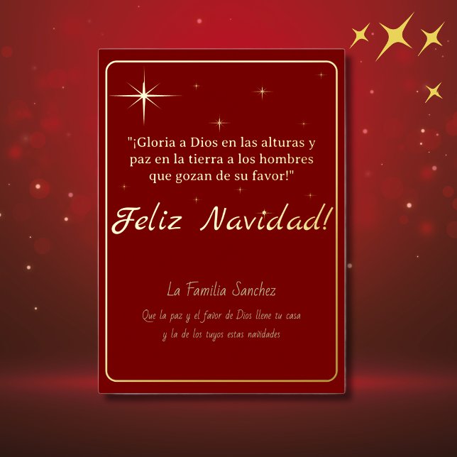 Feliz Navidad Golden & Red Luke 2:14 Verse Foil Holiday Card (Spanish Foil Christmas card red, Spanish bible verse & custom family name)