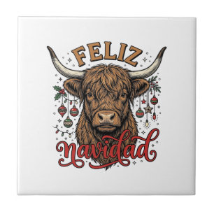 Feliz Navidad Highland Cow Vintage Christmas Shirt Ceramic Tile