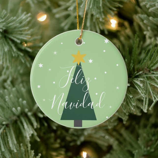 Feliz Navidad holiday green tree snow and stars    Ceramic Ornament (Tree)