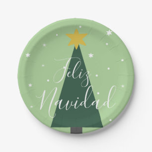 Feliz Navidad holiday green tree snow and stars Paper Plate