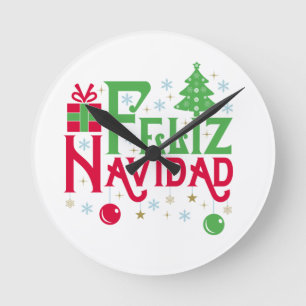 Feliz Navidad Merry Christmas Happy Yule Round Clock