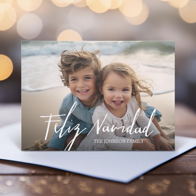 Feliz Navidad - Merry Christmas Modern Full Photo Holiday Card (Unique Photo Card)