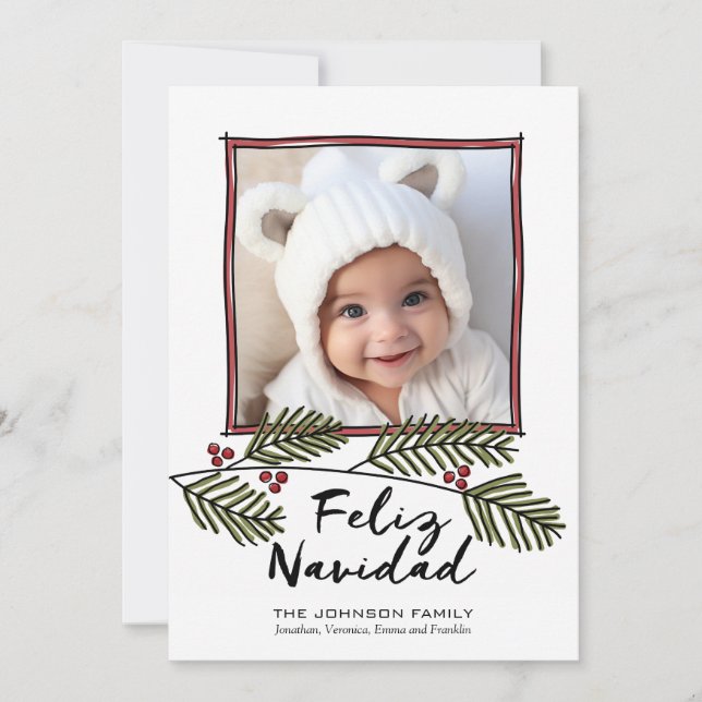 Feliz Navidad -Merry Christmas Photo with Branches Holiday Card (Front)
