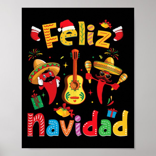 Feliz Navidad Mexican Fiesta Hot Pepper Guitar Xma Poster (Front)