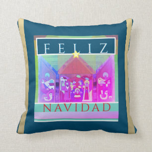 Feliz Navidad Mexican Nativity on Ocean Blue Cushion