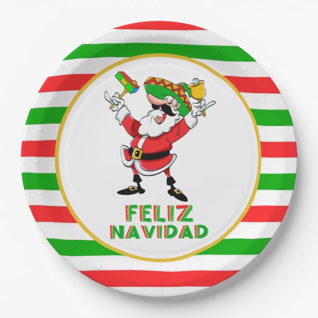 Feliz Navidad Mexico Christmas Santa Paper Plate (Front)