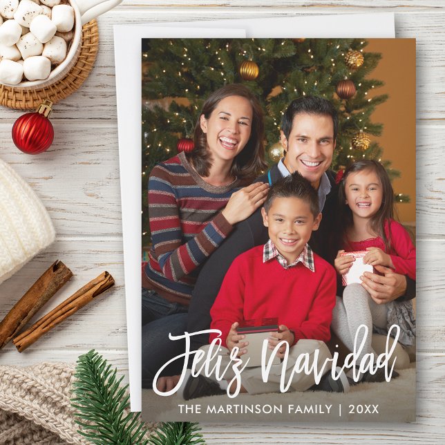 Feliz Navidad Modern Brush Script Family Photo Holiday Card (Customize to add text to back of card.)