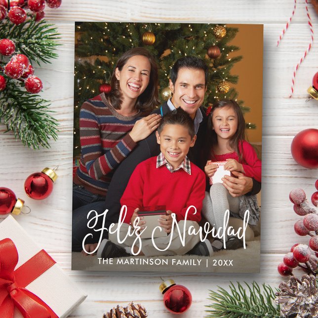 Feliz Navidad Modern Calligraphy Script Photo Postcard (Customize to change your personalized text size or text style.)