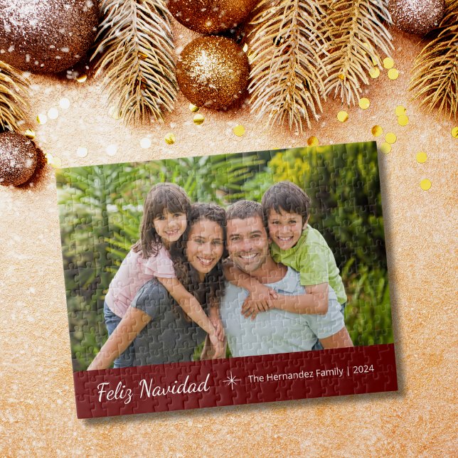 Feliz Navidad Modern Family Photo Christmas Red  Jigsaw Puzzle (Creator Uploaded)