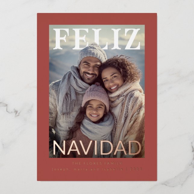 Feliz Navidad Modern Snowflake Photo Foil Holiday Card (Front)