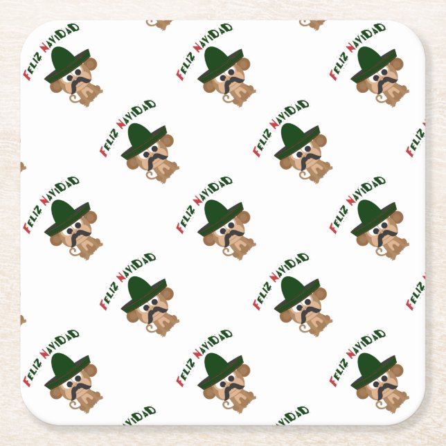 Feliz Navidad Monkey Square Paper Coaster (Front)
