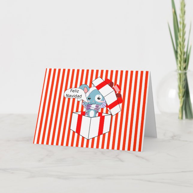 Feliz Navidad Mouse in Gift Box Holiday Card (Front)