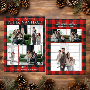 Feliz Navidad Multi Photo Red Buffalo Plaid Holiday Card