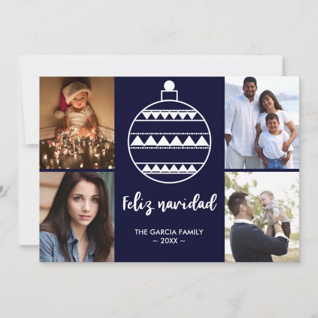 Feliz Navidad Navy Family Photo Collage Christmas Holiday Card (Front)