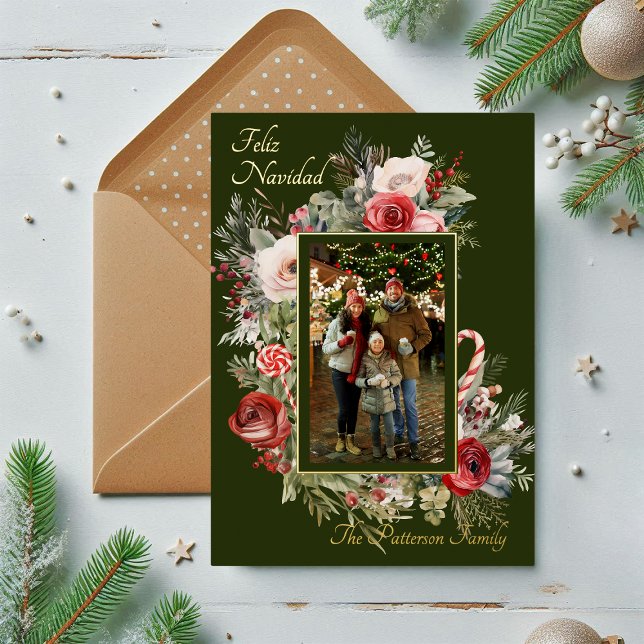 Feliz Navidad Photo Floral Foil Spanish Holiday Card (Creator Uploaded)