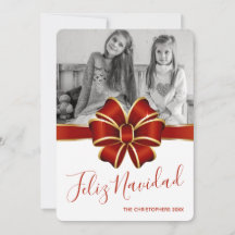 Feliz Navidad Photo Red Bow Gold Trim Christmas