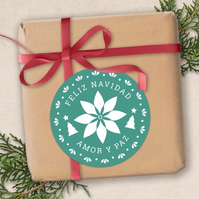 Feliz Navidad Poinsettia Christmas Sticker (Feliz Navidad Poinsettia Christmas Sticker by Fiesta Valley Print)
