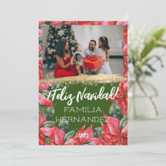 Feliz Navidad Poinsettia Family Photo Christmas Holiday Card