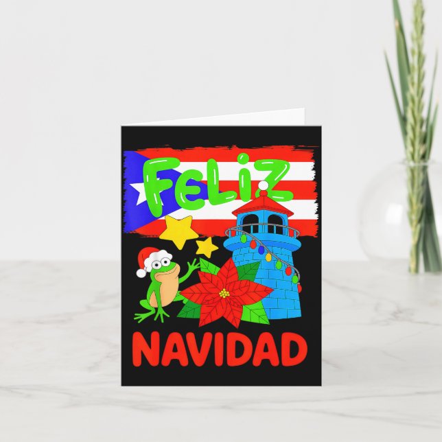 Feliz Navidad Puerto Rico Flag Floral Frog Boricua Card (Front)